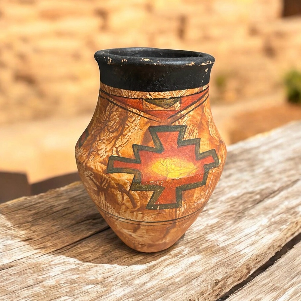 Vintage Hand Painted Mexican Pottery Vase with Southwestern Design